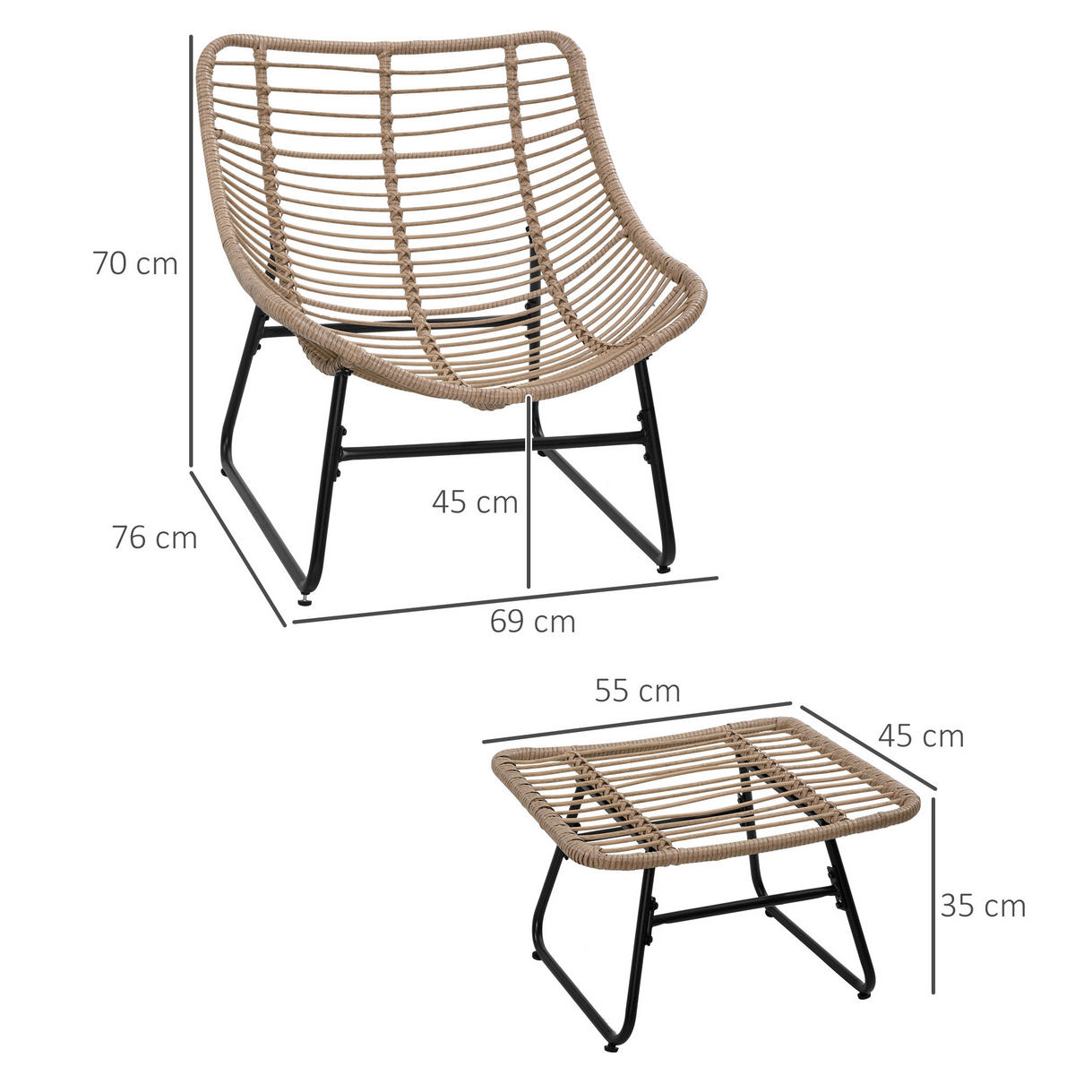 GARTENSESSEL DE-17365 mit Fußstütze & Polster, Rattan-Optik Natur - Naturfarben, Metall (76/70/69cm) - ComfortXL