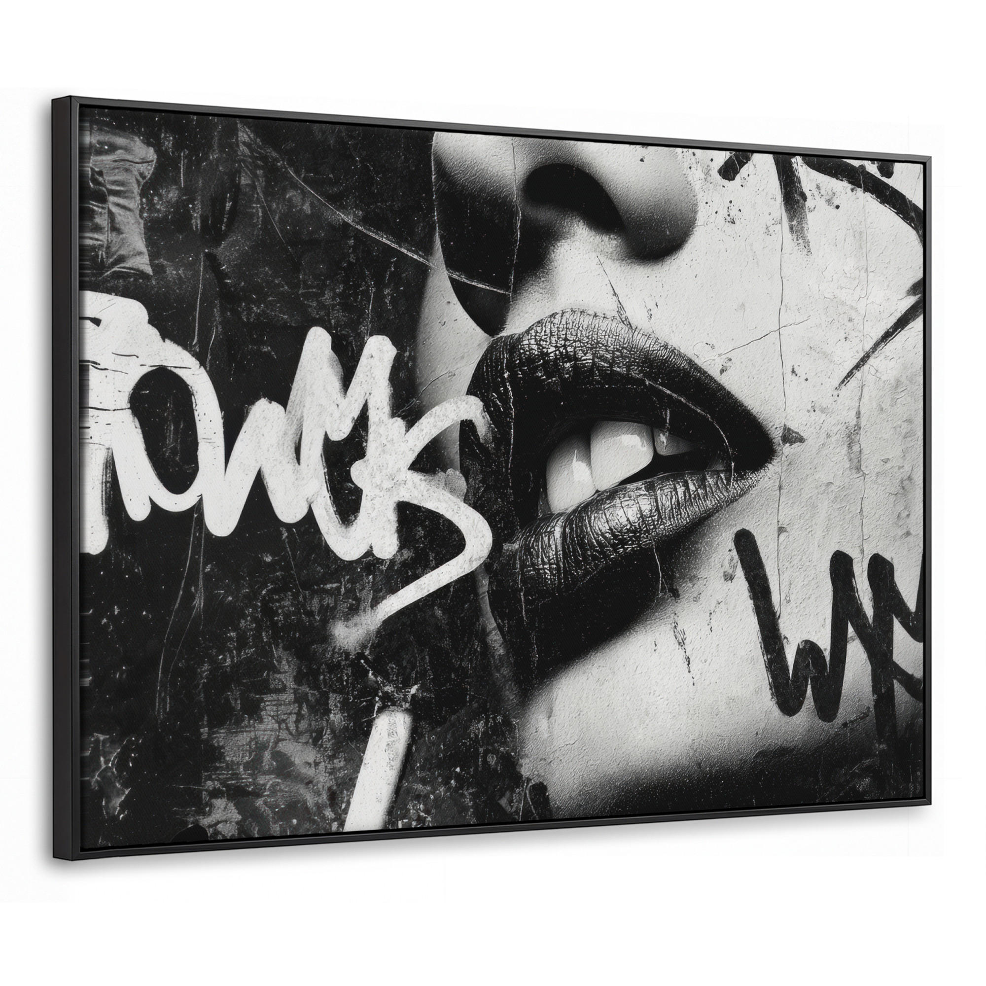 LEINWAND Bilder mit Rahmen - Gesicht - Mund - Graffiti - Schwarz - 70x50 - Schwarz, Textil (70/50cm) - MuchoWow