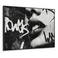 LEINWAND Bilder mit Rahmen - Gesicht - Mund - Graffiti - Schwarz - 70x50 - Schwarz, Textil (70/50cm) - MuchoWow