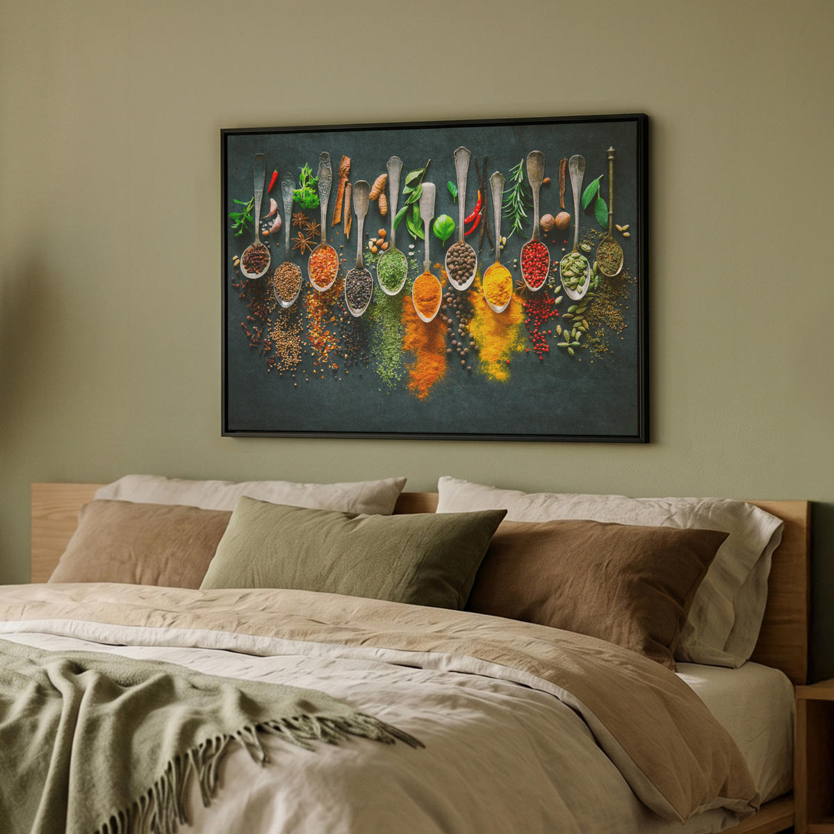 LEINWAND Bilder mit Rahmen - Kräuter - Gewürze - Löffel - 80x60 - Currygelb, Textil (80/60cm) - MuchoWow