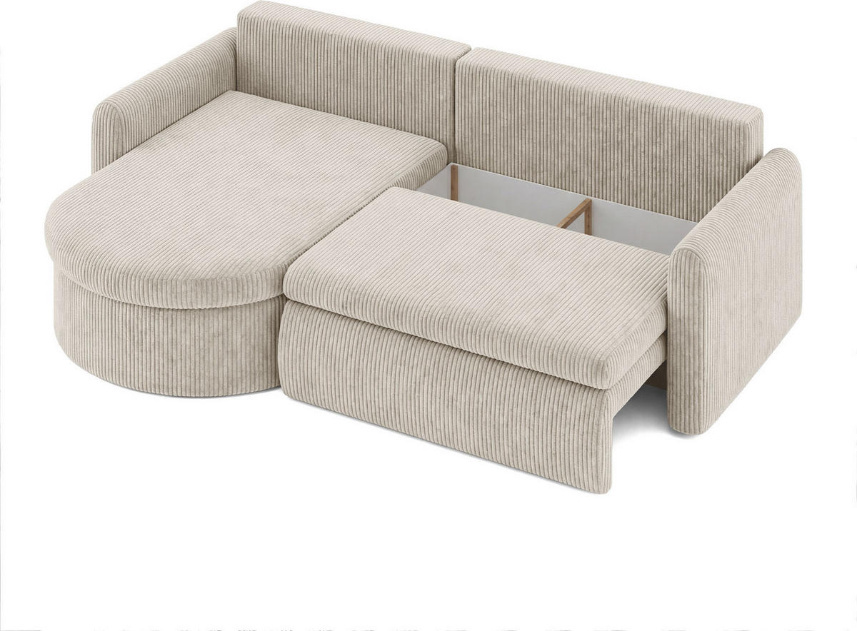 ECKSOFA Cora mit Schlaffunktion & Stauraum, Universell Rechts/Links, Creme Cord Chenille 260/82/160 cm - Creme/Schwarz, Kunststoff/Textil (250/160cm) - WFL GROUP