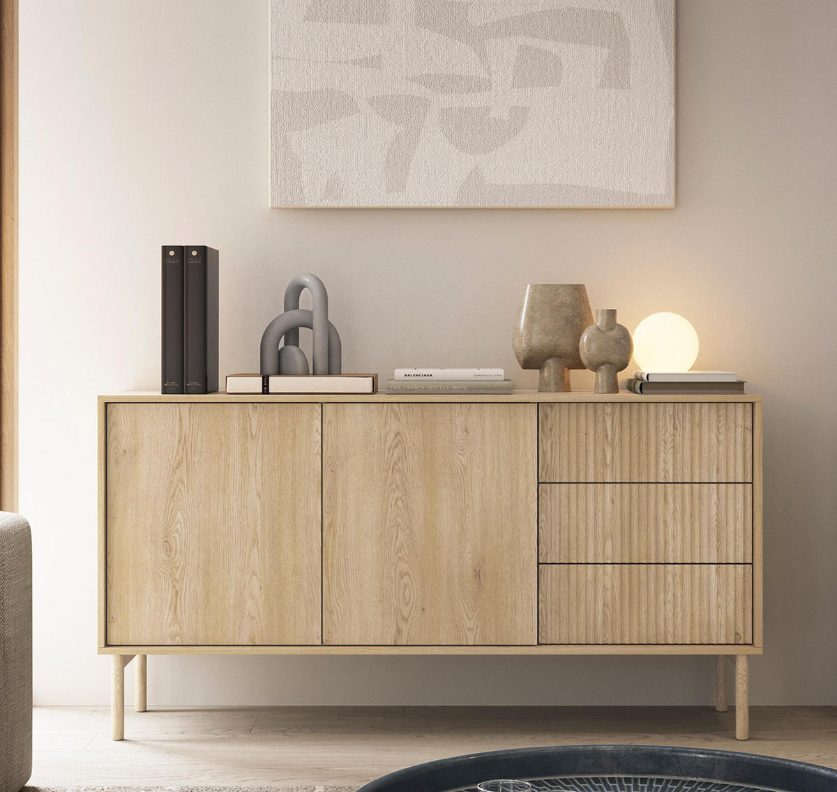 SIDEBOARD Trentinis 2T 3S Beige 153,5/81,4/39,5 cm – Geriffelte Fronten - Eichefarben, Holzwerkstoff/Metall (153.5/79.8/39.5cm) - AX Living