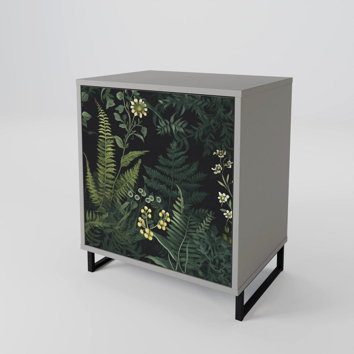 SIDEBOARD FERN FLOWERS, Grau, 57,5x42x72,5 cm, Schwarze Metallfüße - Multicolor/Schwarz, Holzwerkstoff/Metall (57.5/72.5/42cm) - SpaceRebels