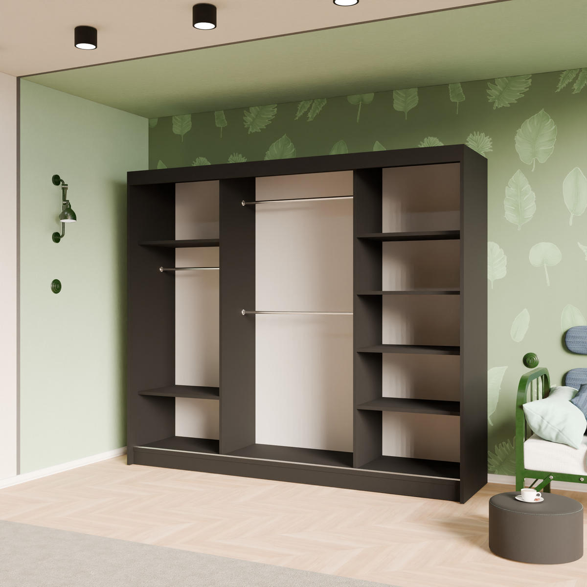 SCHIEBETÜRENSCHRANK ELIS - Schwarz/Weiß, Holzwerkstoff (250/215/61cm) - Meblini