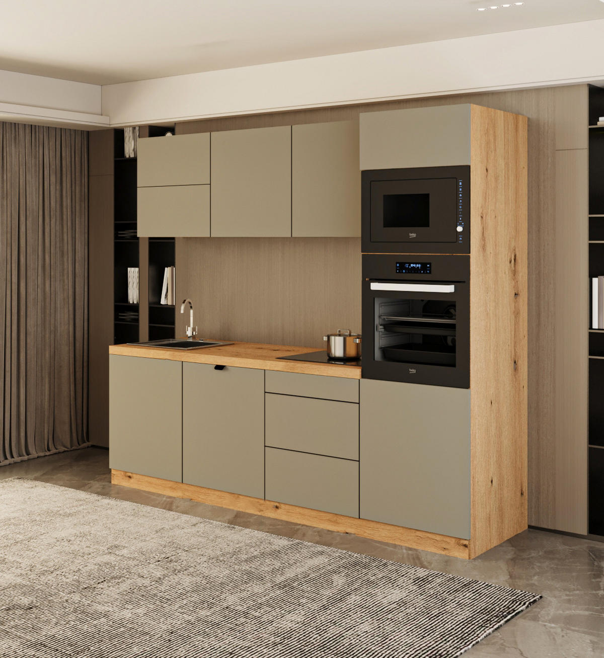 KÜCHENZEILE 240 cm - Langen KL26-M240 - in Beige/Matt - Beige, Holz (240/212/58cm)