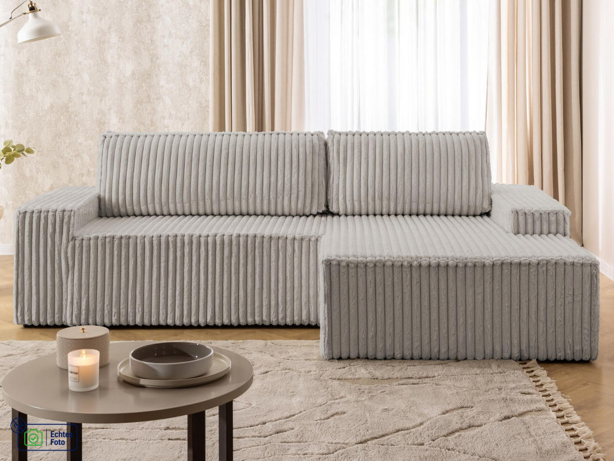 ECKSOFA Rivio mit Schlaffunktion und Bettkasten, Plüschcord Hellgrau - Hellgrau/Schwarz, Holz/Kunststoff (262/149cm) - S-Style