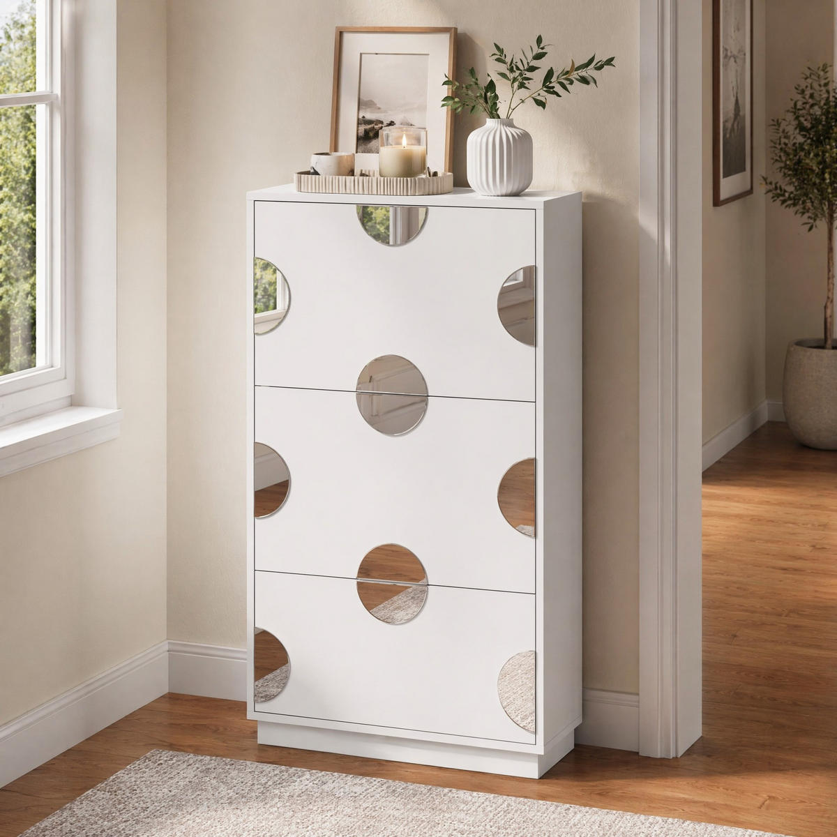 SCHUHSCHRANK in Weiß Schuhkommode mit 3 Klappen,Spiegel und großem Stauraum für Eingangsbereich und Foyer,B63/T24/H120cm - Weiß, Holzwerkstoff/Metall (63/120/24cm) - STILVORA