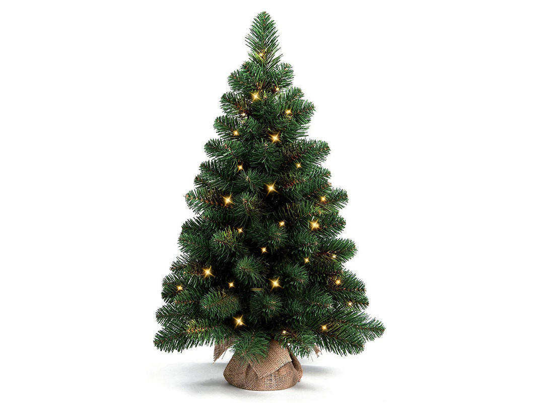 WEIHNACHTSBAUM künstlicher NARNIE 75 cm, grün, 2D, 90 Zweige, 40 warmweiße LED, inkl. Pflanztopf mit Jutesack - Grün, Kunststoff/Stein (48/75cm) - LAALU