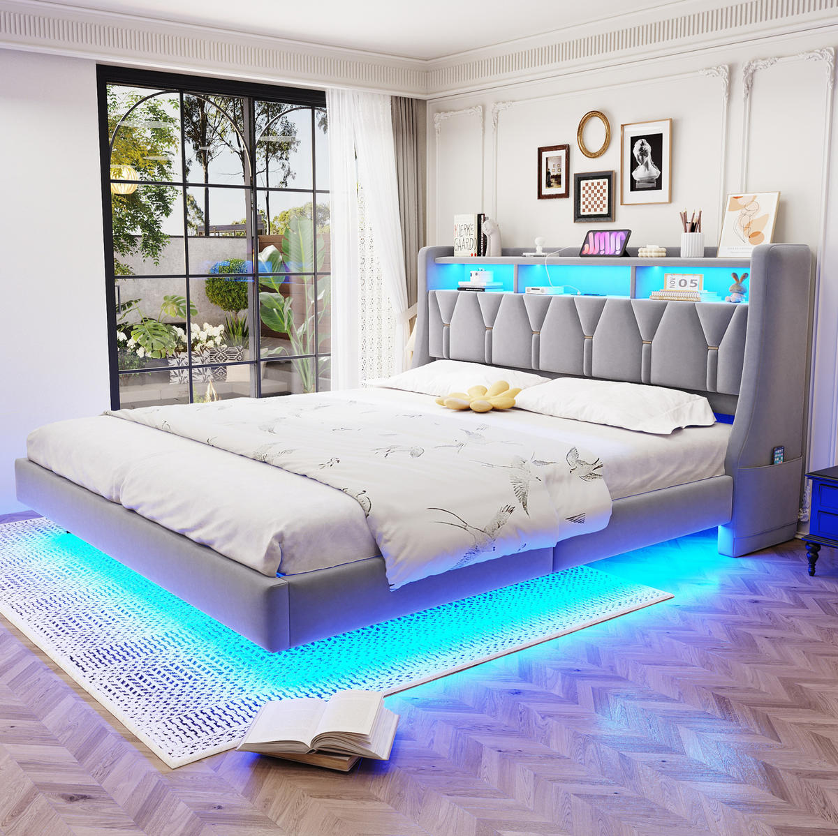 ČALOUNĚNÁ postel 180/200 cm světle šedá z sametu s LED osvětlením a úložným čelem - šedá, textil (180/200cm) - OKWISH
