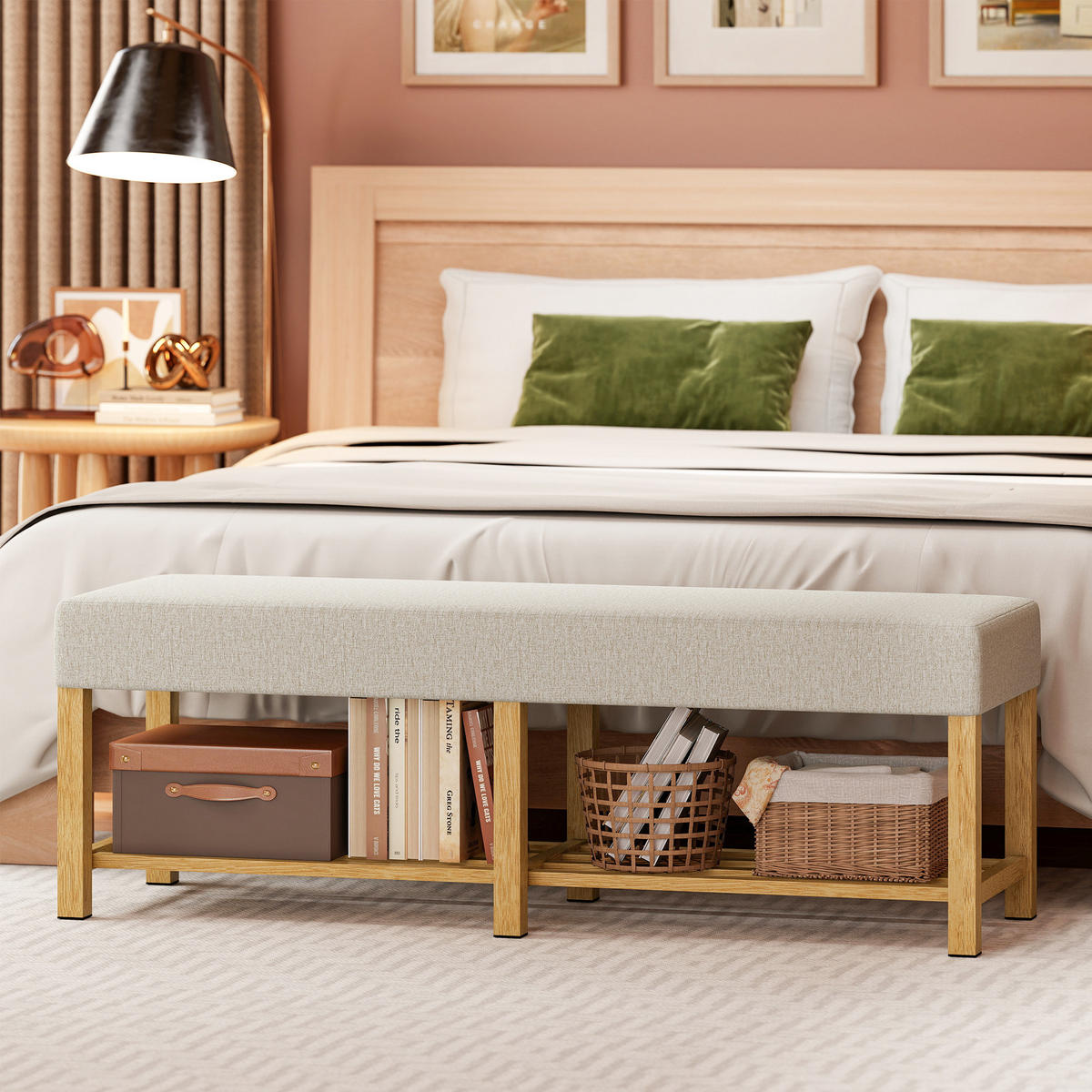 SCHUHBANK Kautschukholz Polyester Cremeweiß - Creme, Holz (44/48/140cm) - HOMCOM