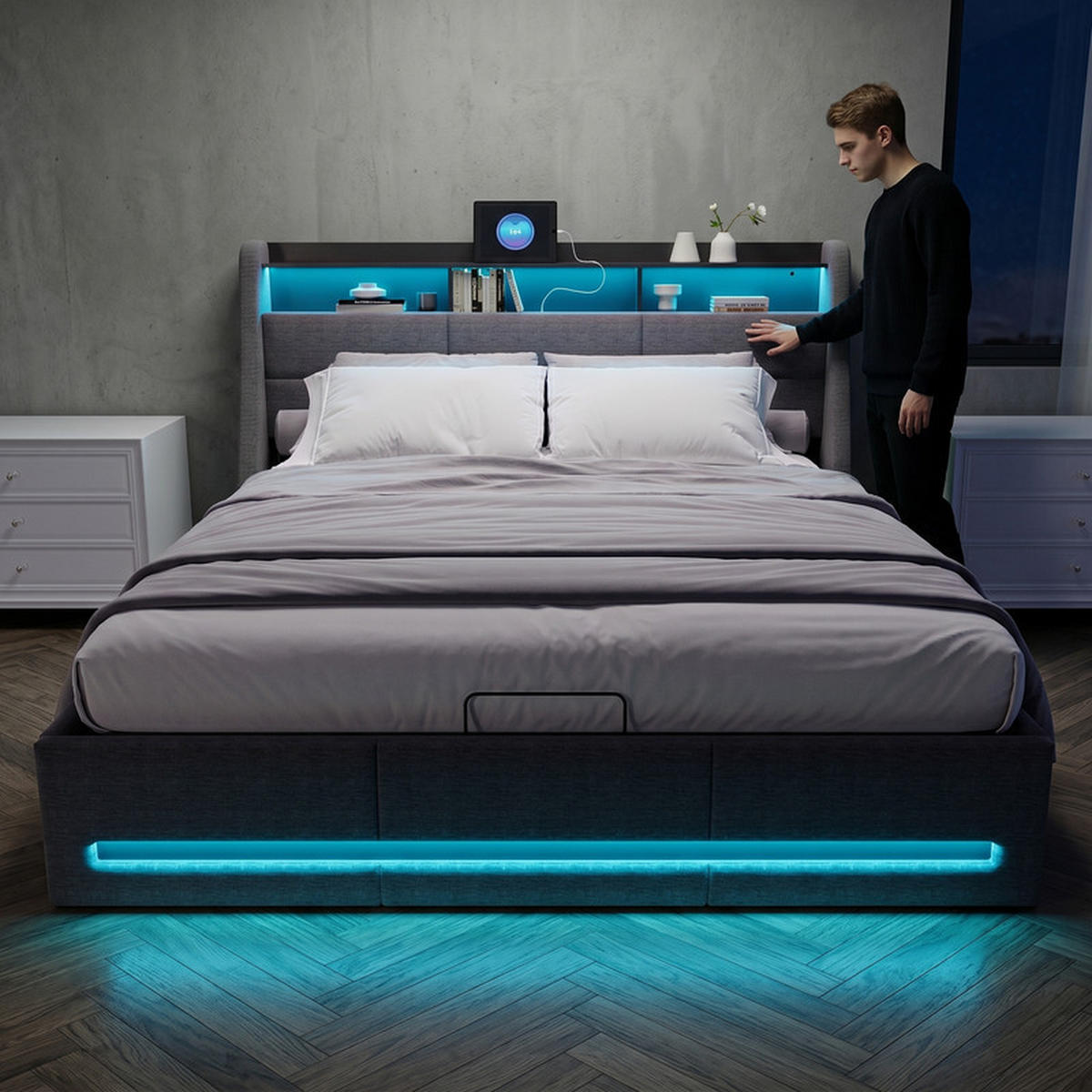 POLSTERBETT 160/200 cm grau mit Stauraum, LED und USB - Grau, Holz