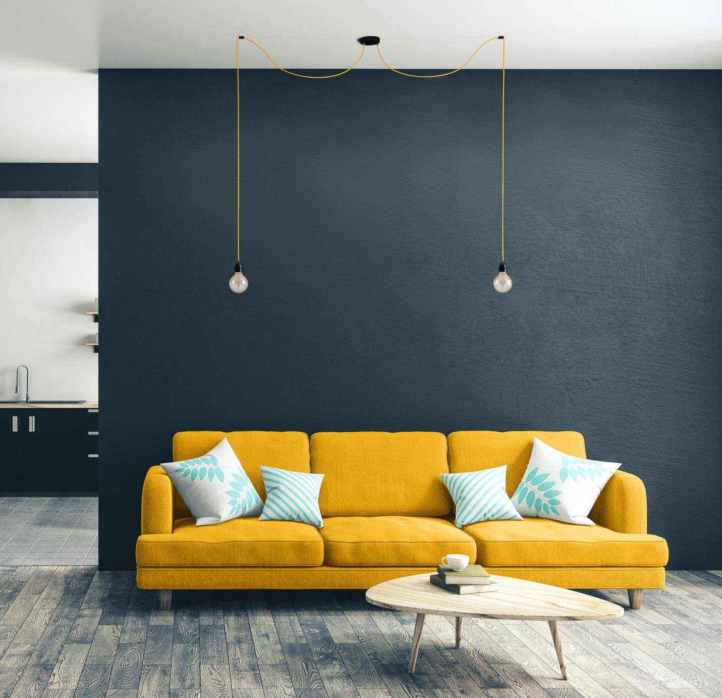 PENDELLEUCHTE Hang 2 Flammig Retro Mustard - Gelb, Naturmaterialien (250/1/250cm) - HOOPZI
