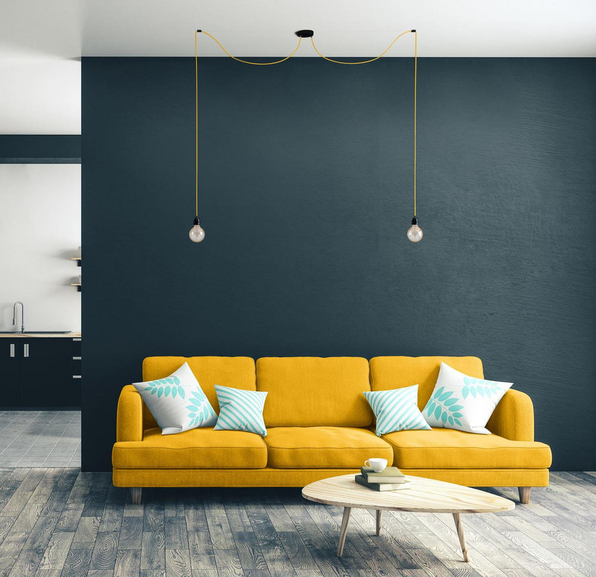 PENDELLEUCHTE Hang 2 Flammig Retro Mustard - Gelb, Naturmaterialien (250/1/250cm) - HOOPZI
