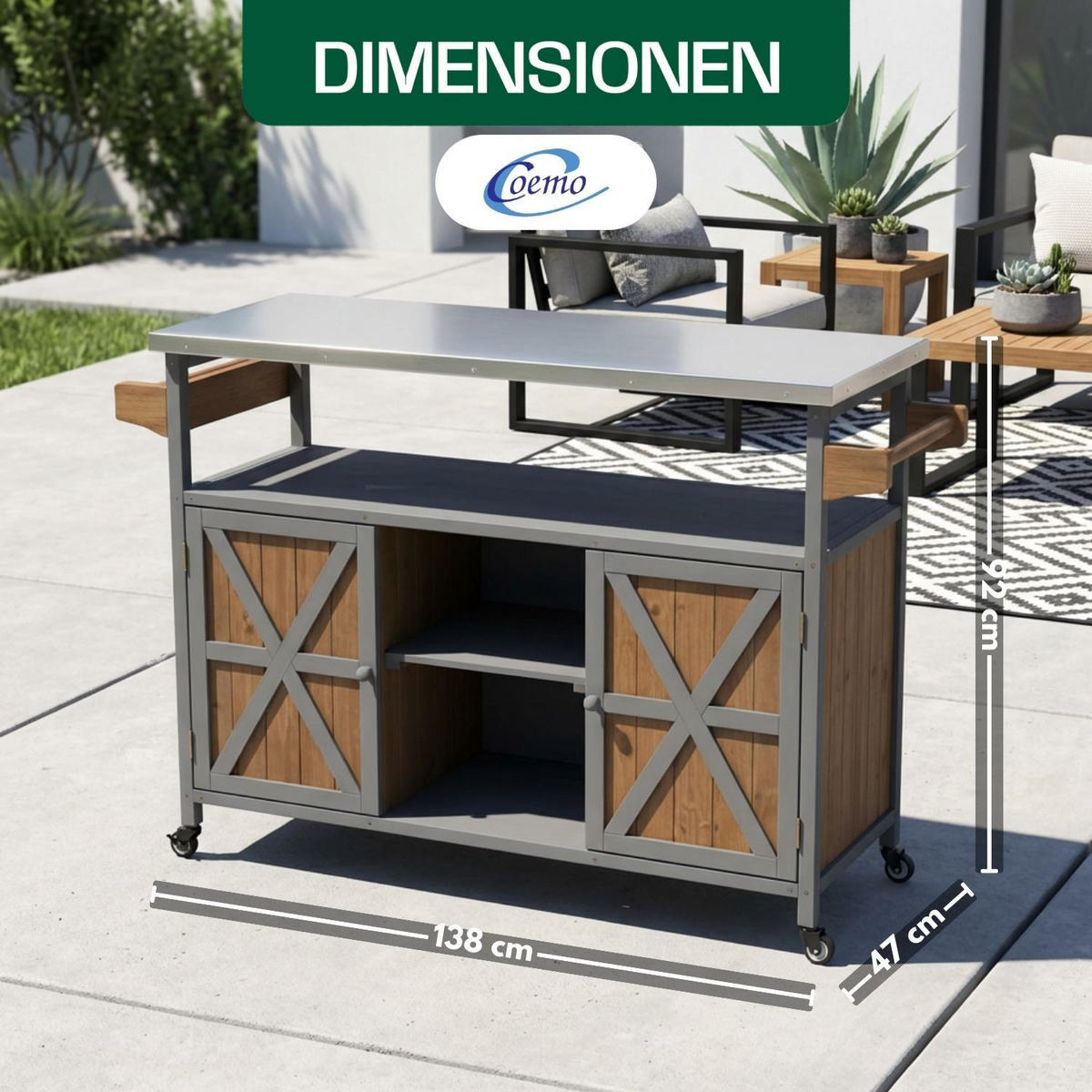 SERVIERWAGEN JAMES mit Rollen Outdoor 138/47/92 cm Farbe Grau - Grau, Holz (47/92/138cm) - Coemo