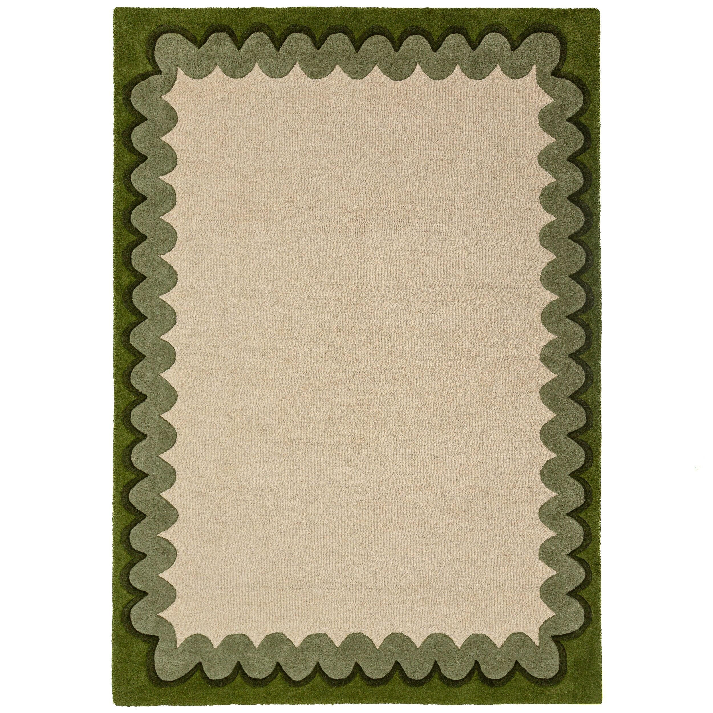 TEPPICH aus Wolle, handgetuftet, WAVENEY, in Olivgrün, Zickzack-Wellenbordüre, 140 x 200 cm - Grün, Textil (140/200cm) - KADIMA DESIGN