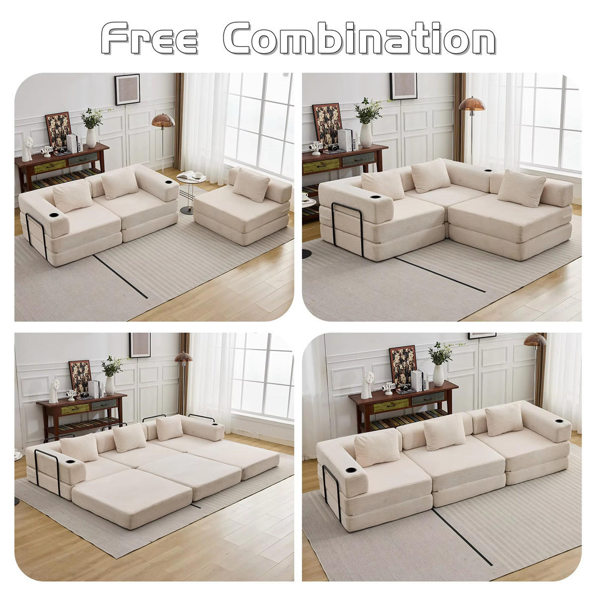 SCHLAFSOFA Cord 3-Sitzer mit Getränkehaltern und Schlaffunktion - Beige, Textil (300/63/100cm) - Kaket
