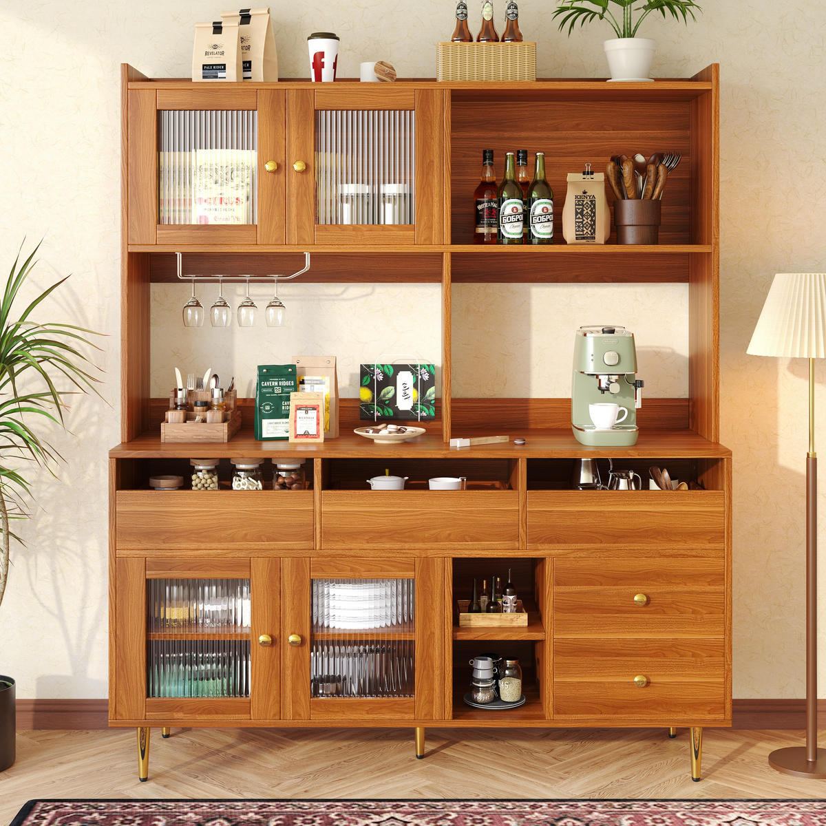 HOCHSCHRANK aus MDF in Walnussbraun mit Changhong-Glastür und Weinregal, 145/39/171 cm, Walnussbraun - Walnussfarben, Holzwerkstoff (39/171/145cm) - Redom