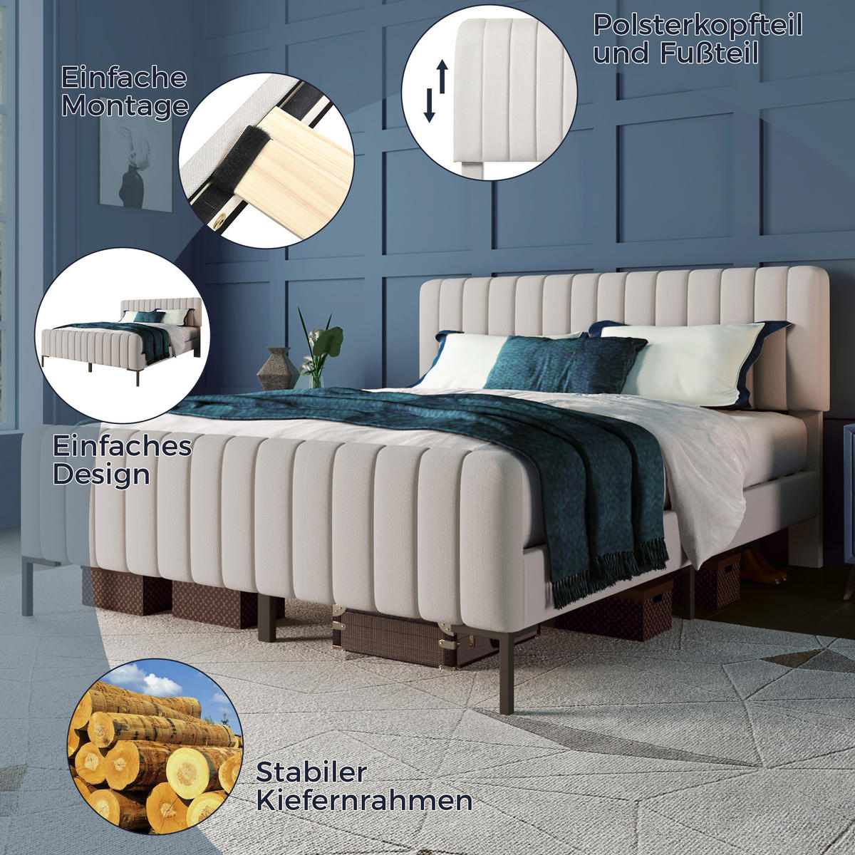 POLSTERBETT 160/200 cm Grau-Beige mit verstellbarem Kopfteil - Grau, Textil (160/200cm) - OKWISH