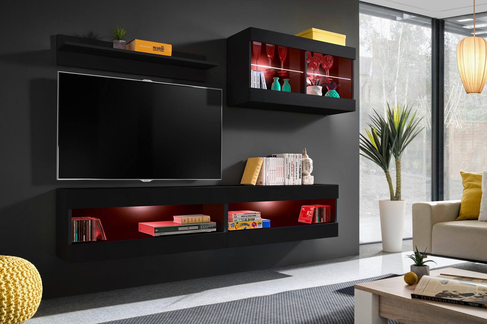WOHNWAND 4-er Set, TIVOLI SET6 mit mehrfarbige LED RGB Beleuchtung Schwarz + Schwarz, Offener Raum - Eiche Wotan/Schwarz, Glas/Holzwerkstoff (240/195/35cm) - Komodee