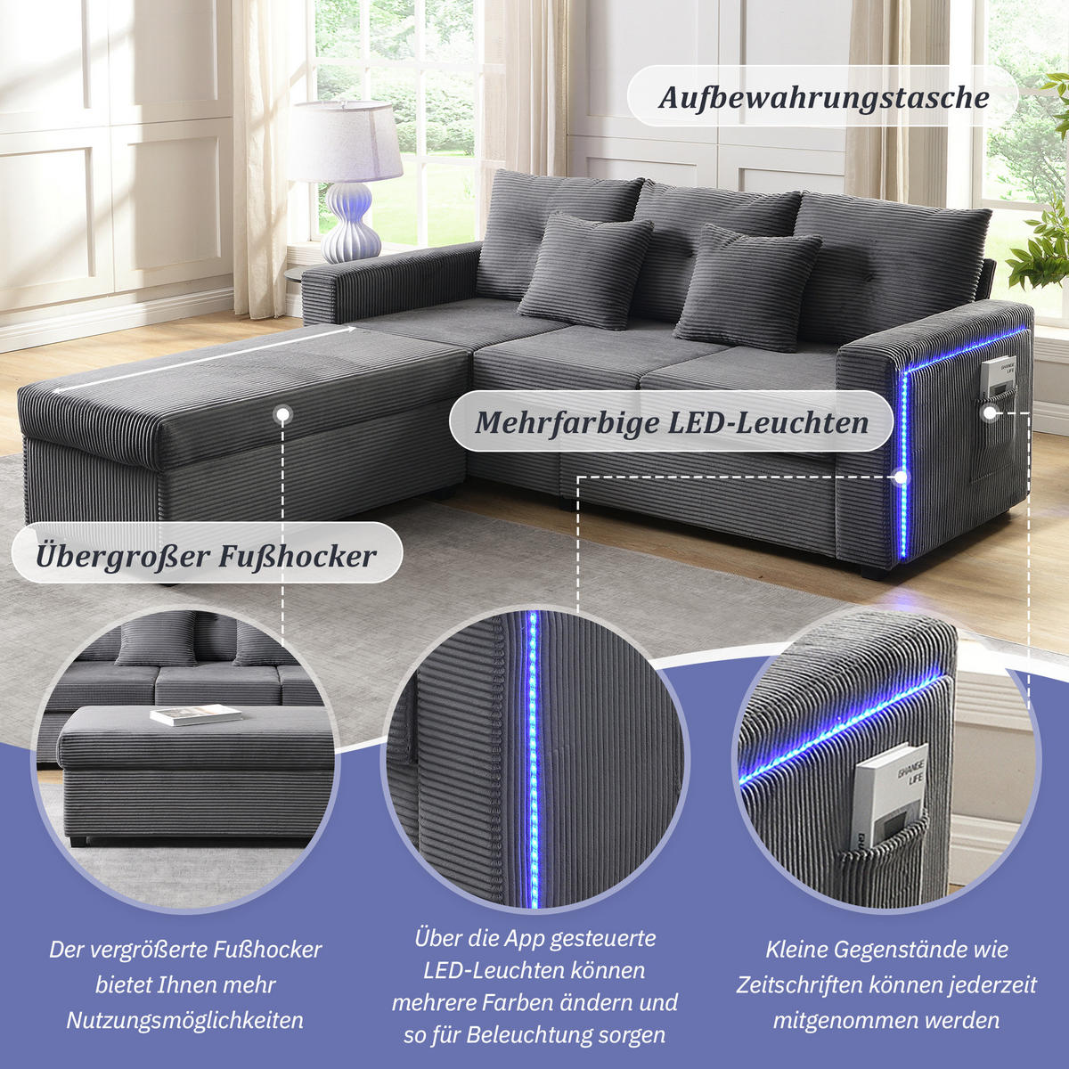 SOFA mit LED und Hocker L-Form Cord Antique Gray 5-Kissen-Set - Grau, Kunststoff (184/84.5cm) - IVMEU
