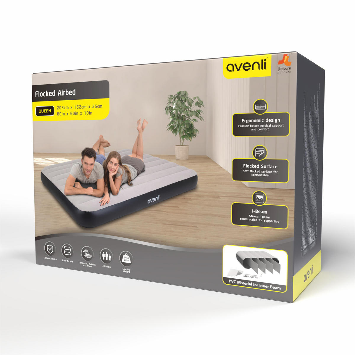 LUFTBETT Luftmatratze Camping 2 Personen 203x152x25cm grau aufblasbar ohne Pumpe - Schwarz/Grau, Kunststoff (152/203cm) - Avenli