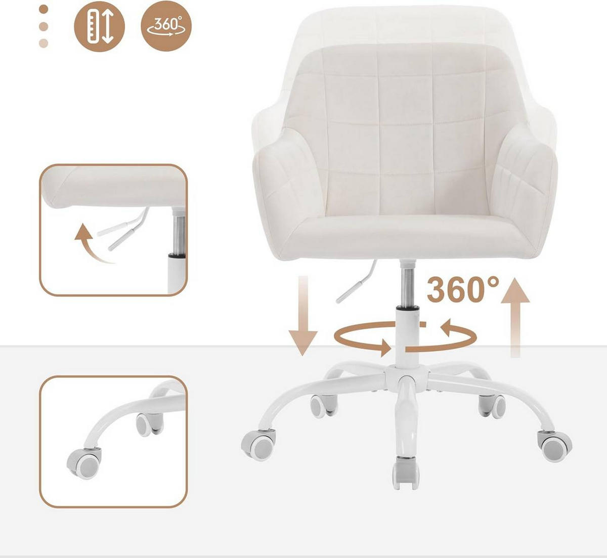 DREHSTUHL drehbar, Bürostuhl ergonomisch, Samt, Cremeweiß - Creme/Weiß, Kunststoff/Textil (58/77/61cm) - Woltu