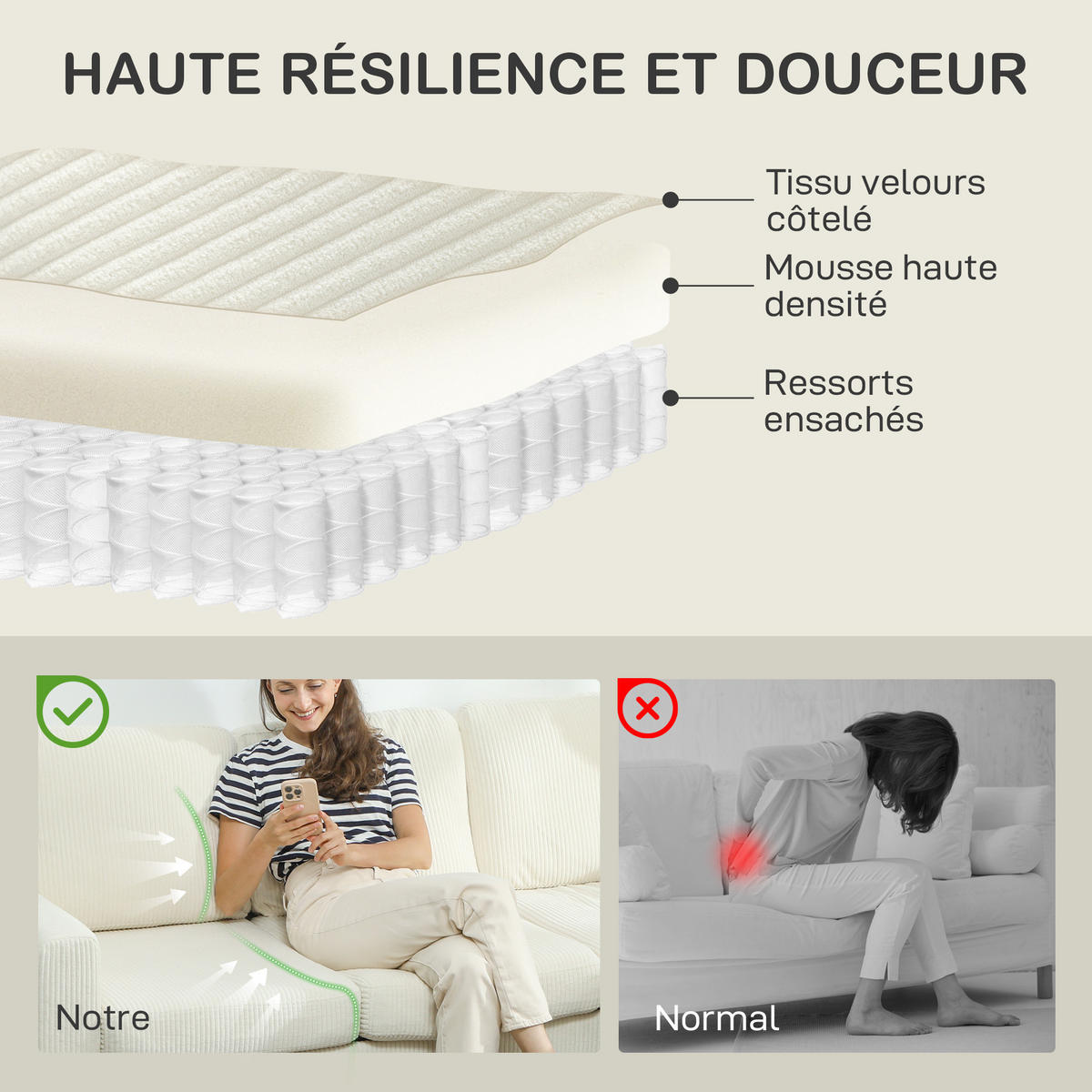 SOFA, 3-Sitzer, Cord, Federkernkissen, gepolstert, beige, 192x80x84,5cm - Multicolor, Holzwerkstoff (192/84.5/80cm) - FORIOUS