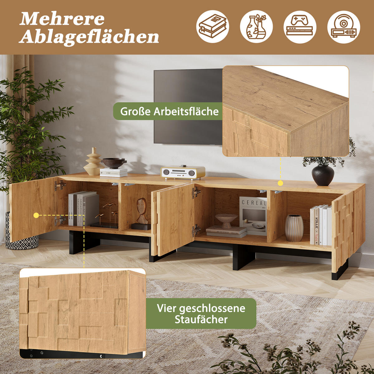 TV-BÄNK Naturträoptik 180 cm för 75 tums TV med 4 våffelmönstrade dörrar - Naturfärgad, Träbaserade material (180/45/38.5cm) - Urban Meuble