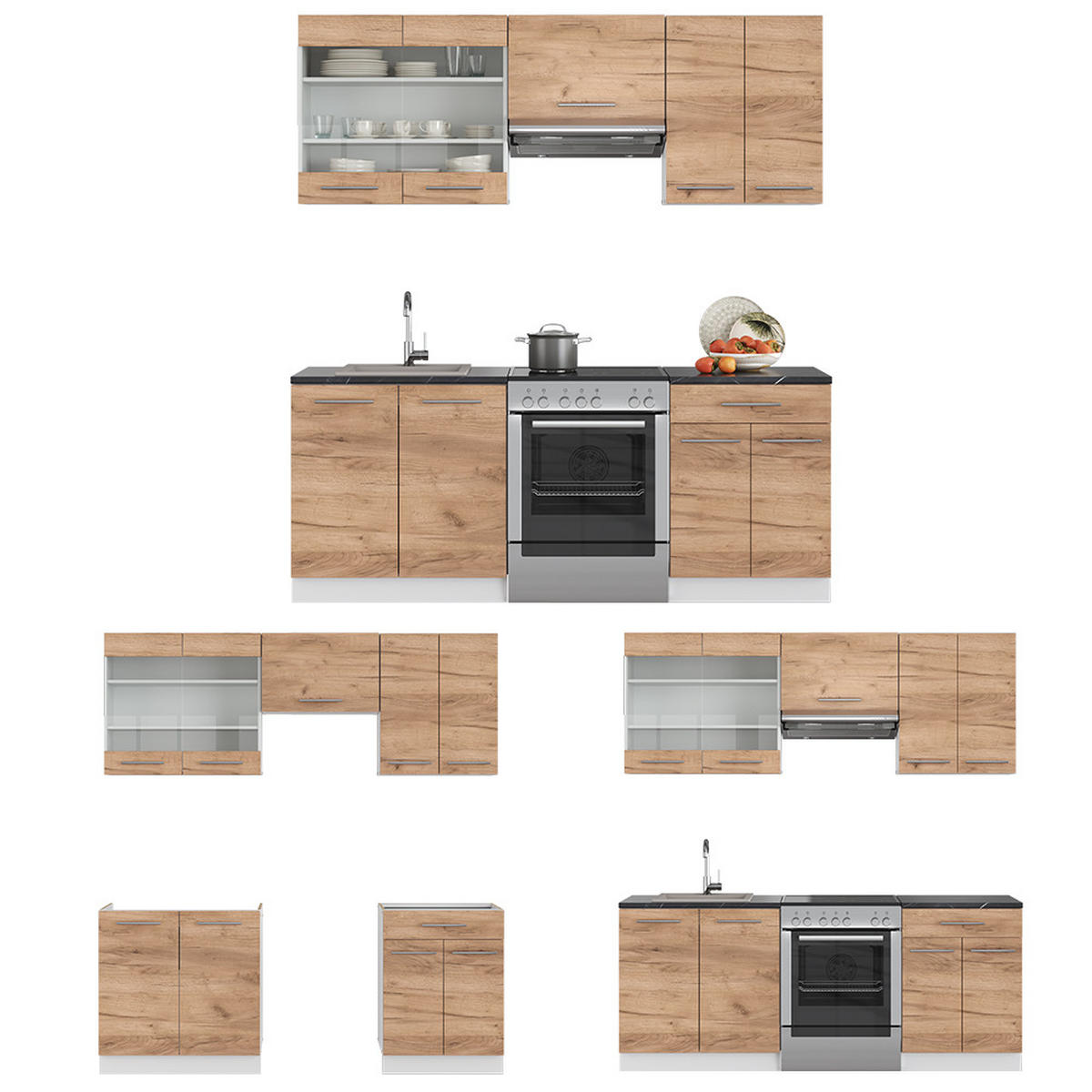 KÜCHENZEILE Fame-Line Goldkraft Eiche/Weiß 200 cm ohne AP - Honigeiche/Eiche Wotan, Holzwerkstoff (200/81.6/46cm) - Vicco