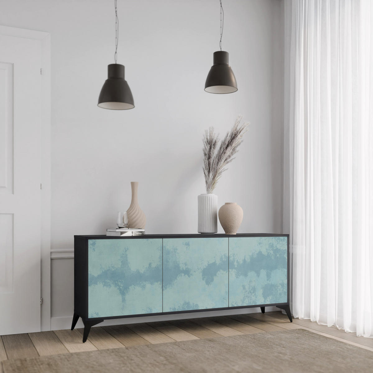 SIDEBOARD SKY WASH, Eicheneffekt, 164,5x42x77,5 cm, 3 Türen - Eichefarben/Buchefarben, Holzwerkstoff/Buchenholz (164.5/77.5/42cm) - SpaceRebels