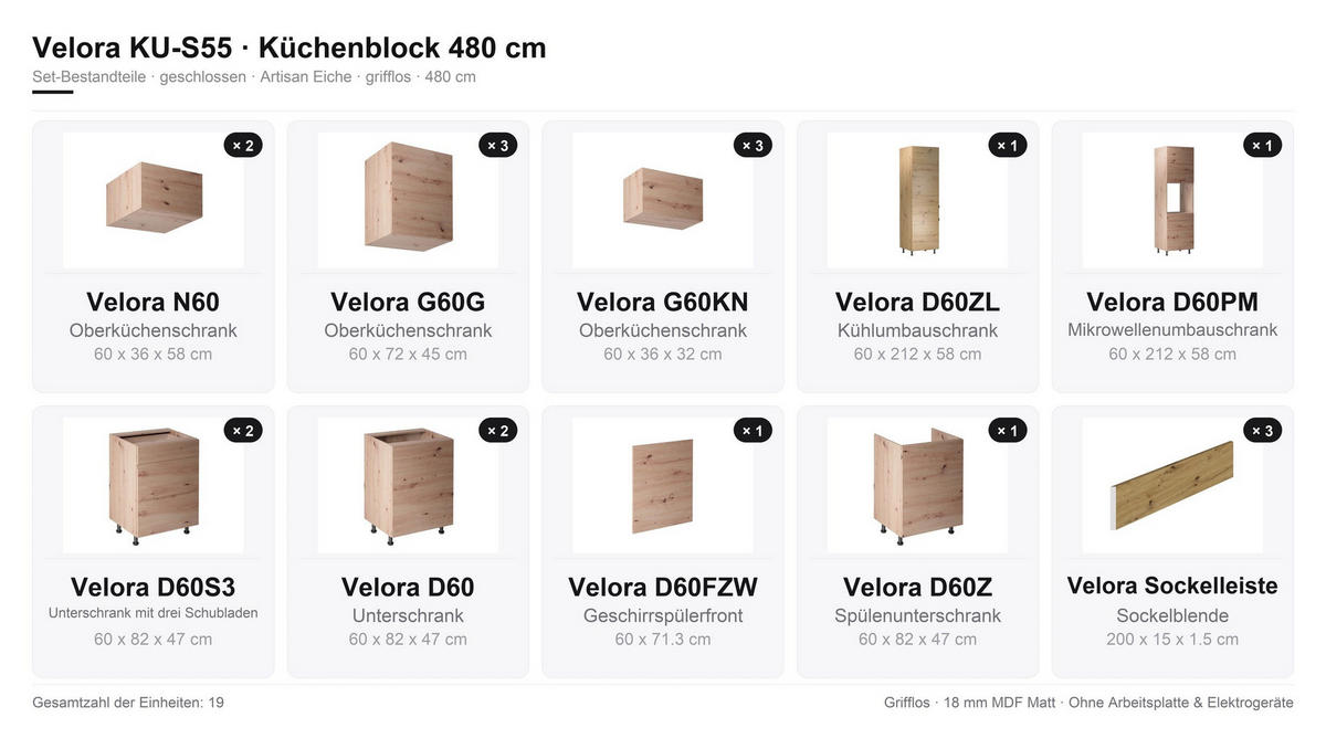 KÜCHENZEILE – Küchenblock 480 cm VELORA – KU-S55 – Eiche Artisan - Eiche Artisan, Holzwerkstoff (480/248/58cm) - hi-markt