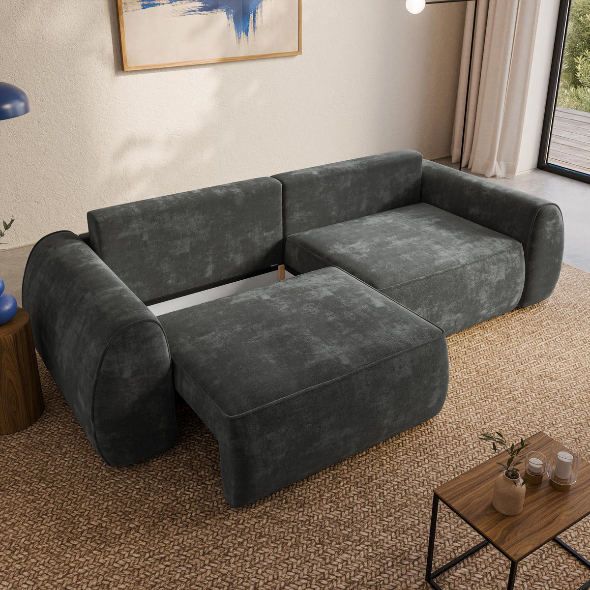 BETTSOFA ZEFEO Grau Chenille-Stoff mit Schlaffunktion - Grau, Textil (264/96/106cm) - MASSENO
