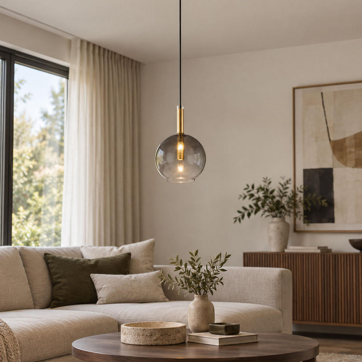 HÄNGELEUCHTE, Rauchglas, Schwarz, höhenverstellbar - Schwarz, Glas (18/18/120cm) - Globo Lighting