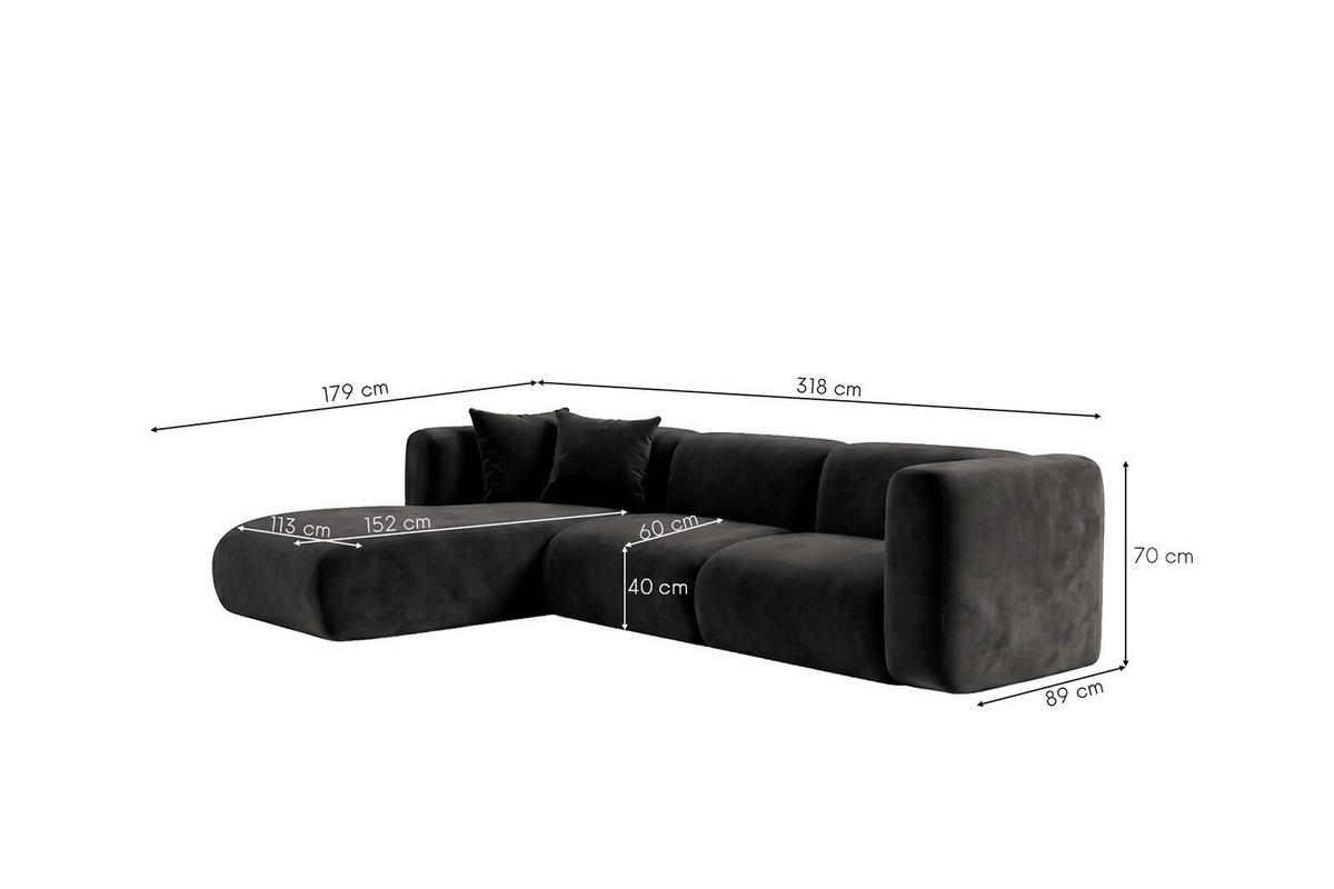 ECKSOFA L-Form, Velvet-Stoff Bluvel, Schwarz, Links, GRETA - Schwarz, Holz (318/179cm) - Kaiser Möbel