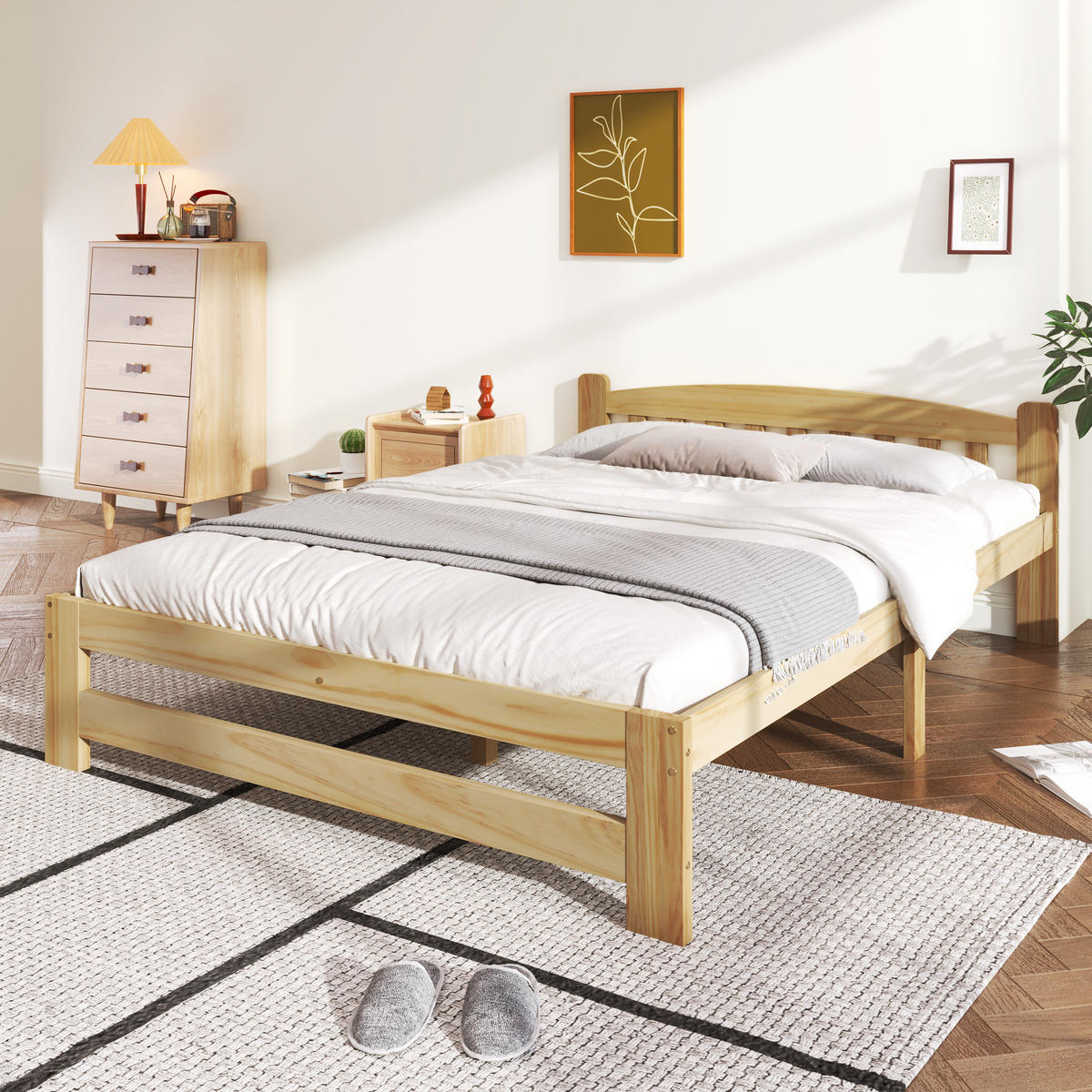 BETT aus massivem Kiefernholz 140x200 cm Natur mit Kopfteil, Lattenrost und stabilem Mittelfuß - Naturfarben, Holzwerkstoff (90/200cm) - Modfu