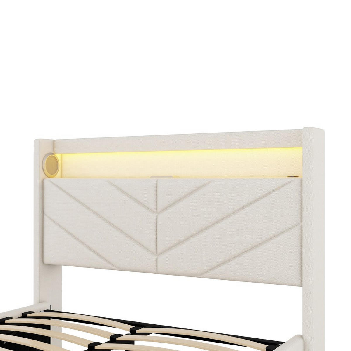 POLSTERBETT 140 x 190 cm in Beige Leinen mit Mit USB und Stereoanlage - Beige, Holz/Textil (140/190cm) - KOMHTOM