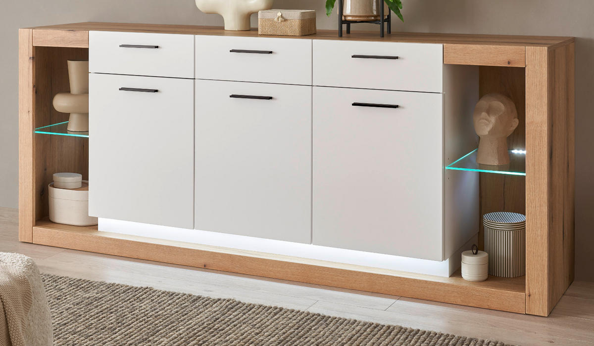 SIDEBOARD weiß matt, Evoke Eiche, Kommode 198 x 83 cm - Eichefarben/Silberfarben, Glas/Holzwerkstoff (198/83/43cm) - Furn.Design