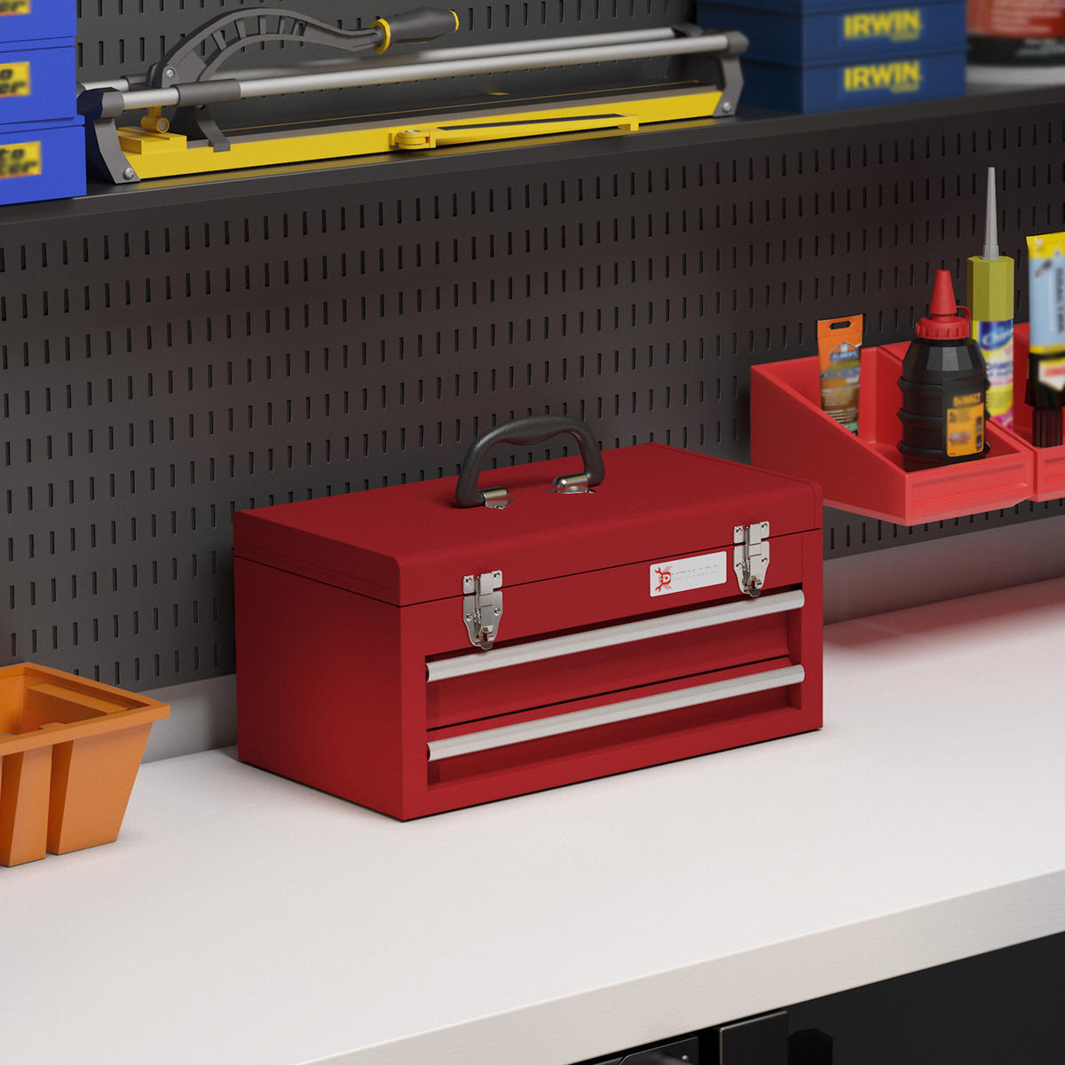 WERKZEUGKOFFER leer, 46 x 24 x 22 cm Werkzeugkasten mit 2 Schubladen Rot - Rot, Metall (24/22/46cm) - DURHAND