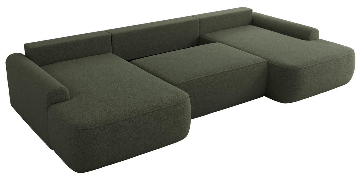 WOHNLANDSCHAFT CUBO U Dunkelgrün Boucle - Dunkelgrün/Schwarz, Kunststoff/Textil (370/100/187cm) - MKS