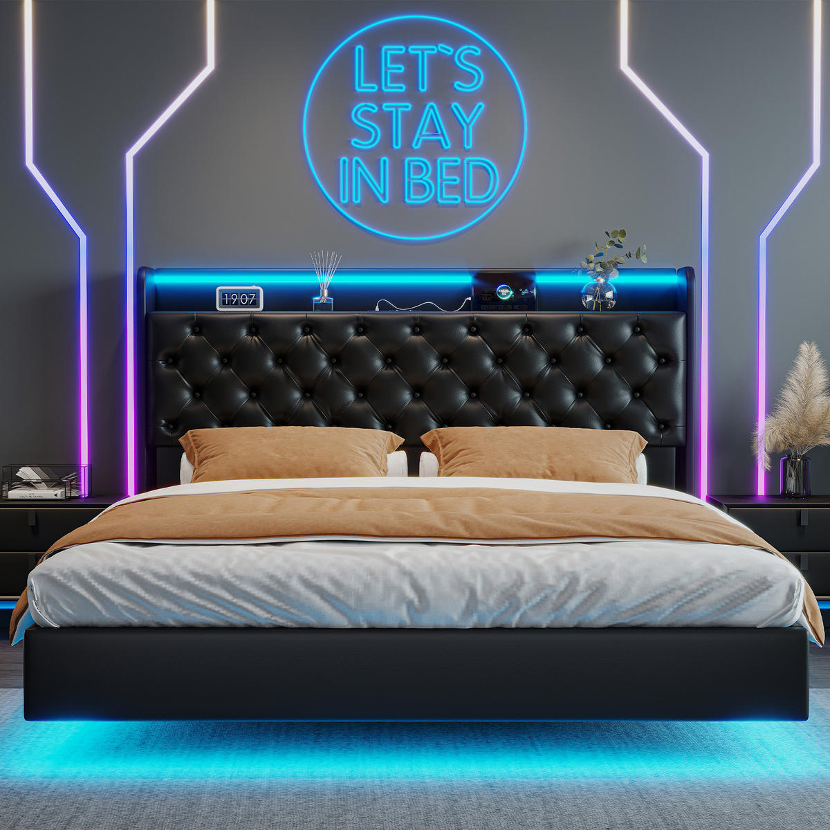 POLSTERBETT 160x200 PU LED - Schwarz, Metall (160/200cm) - SHOPENTRA