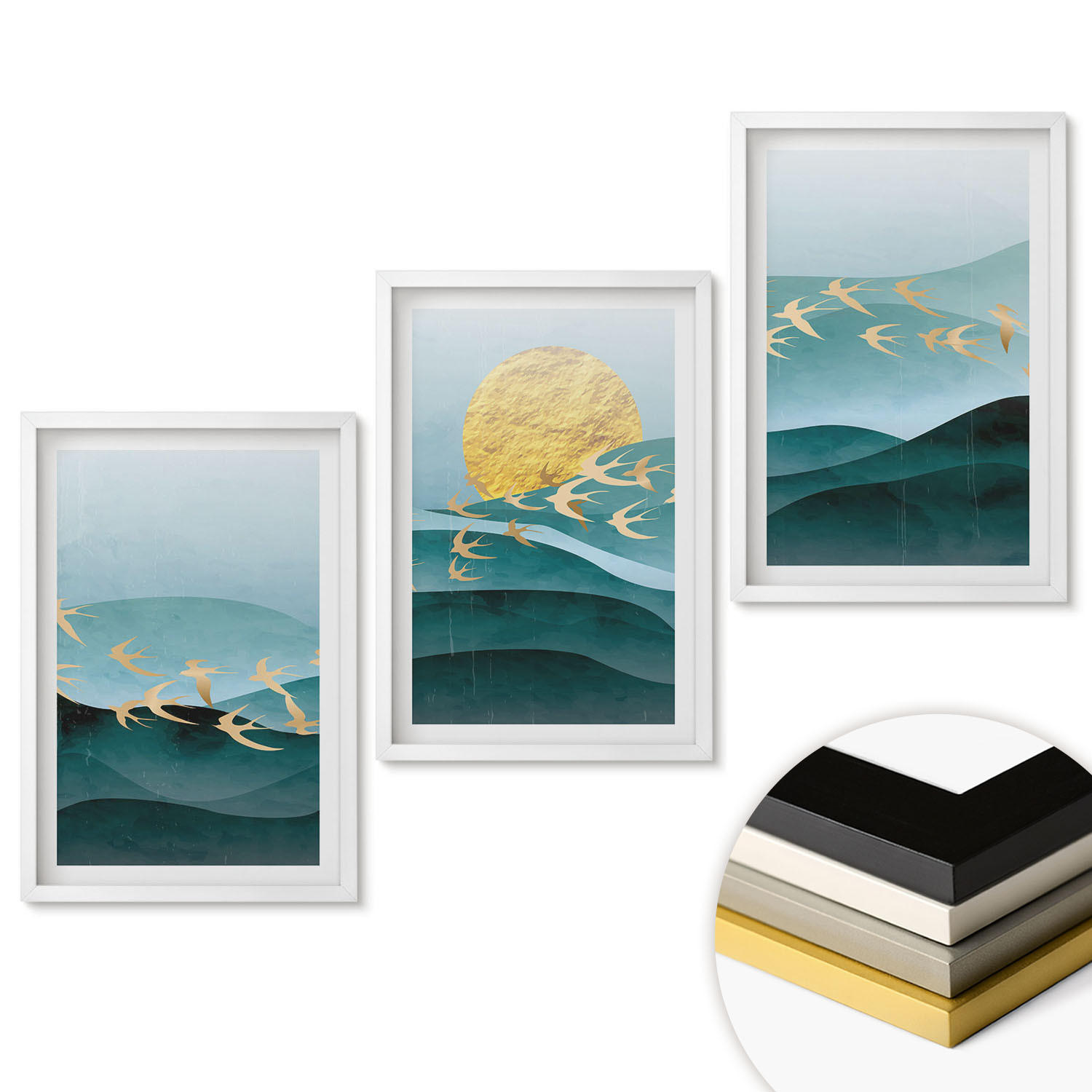 WANDBILDER 3er-Set - 40x60 cm Weißer Rahmen - Abstrakte Sonnenuntergangslandschaften - Weiß, Kunststoff (40/60cm) - ArtPrintCave