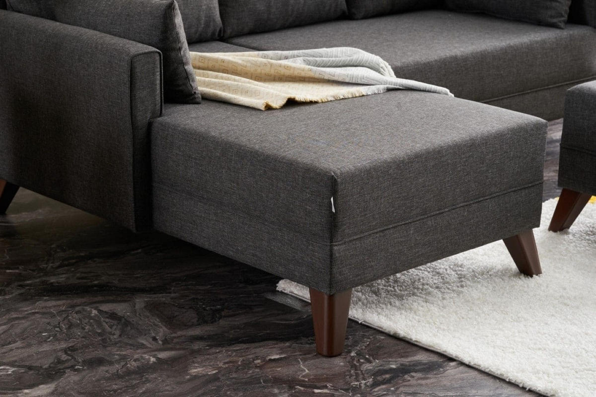 ECKSOFA mit Hocker als Schlaffläche, perfekt für kleine Räume - Anthrazit/Walnussfarben, Holz/Kunststoff (205/140cm) - myHomelando