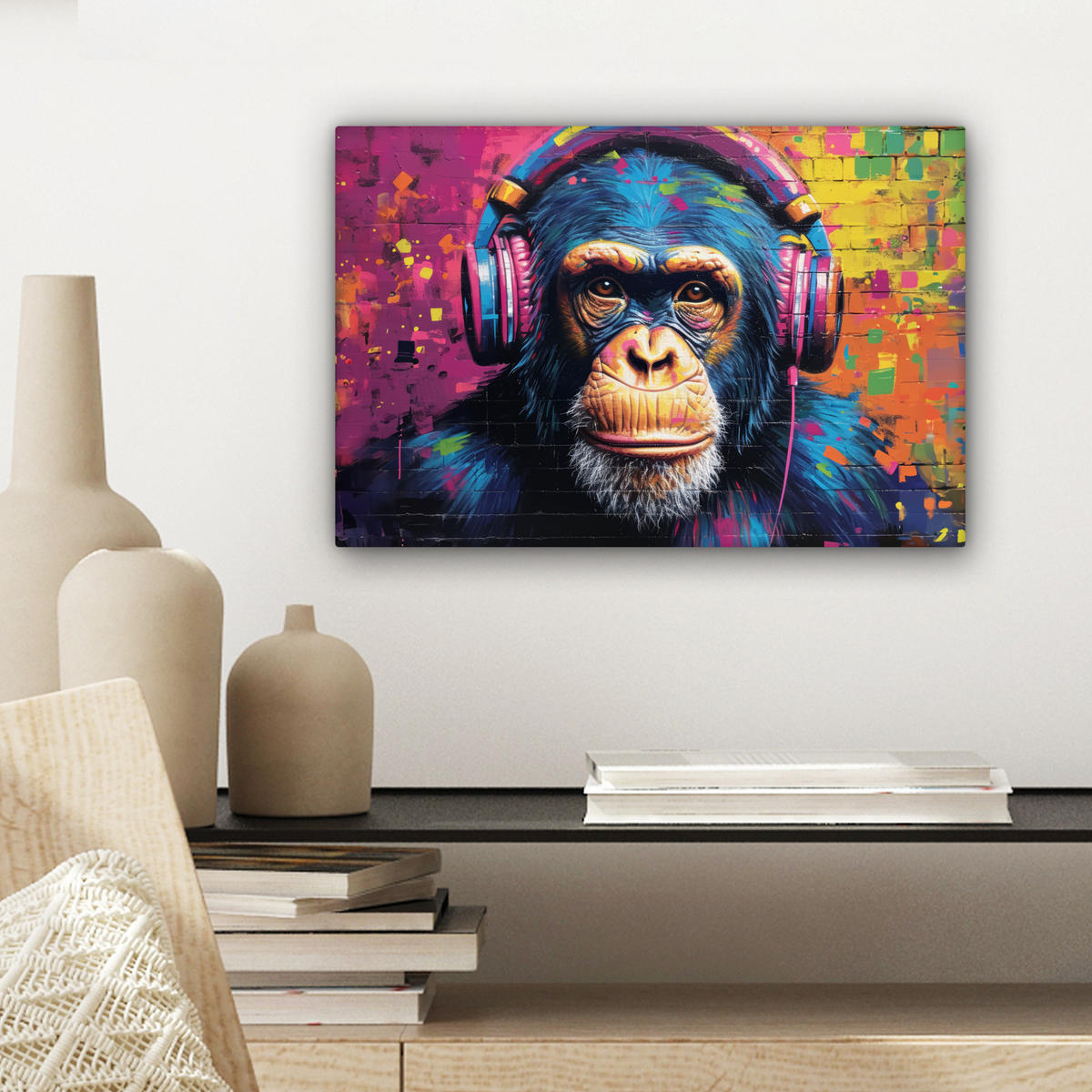 LEINWANDBILD Graffiti - Schimpanse - Straßenkunst - Kopfhörer - Affe Deko Schlafzimmer 30x20 cm - Blau, Textil (30/20cm) - MuchoWow