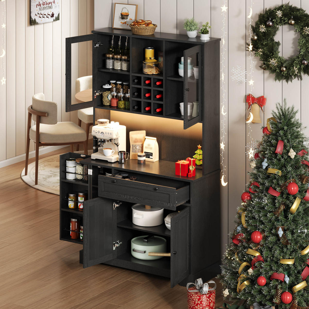 BIFE omara z LED osvetlitvijo, vtičnico in stojalom za vino, črna, 180/105/40 cm - črna, leseni material (40/180/105cm) - OKMYHOME