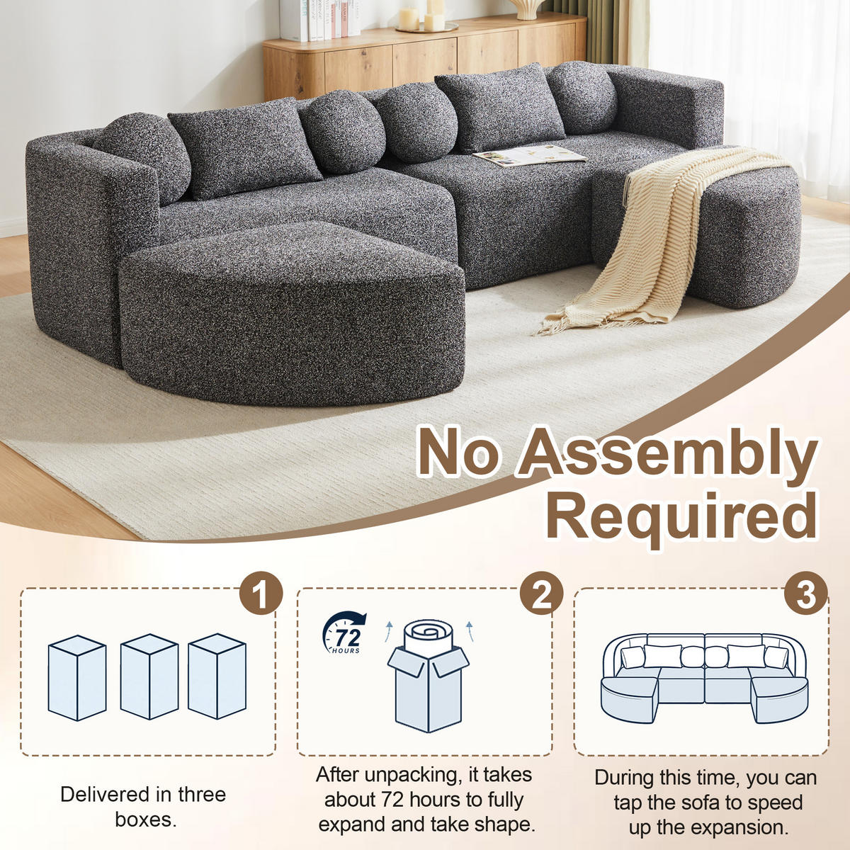 SCHLAFCOUCH aus Chenille in Grau Modulares Design & Ohne Montage - Schwarz, Textil (165/68/292cm) - Urban Meuble