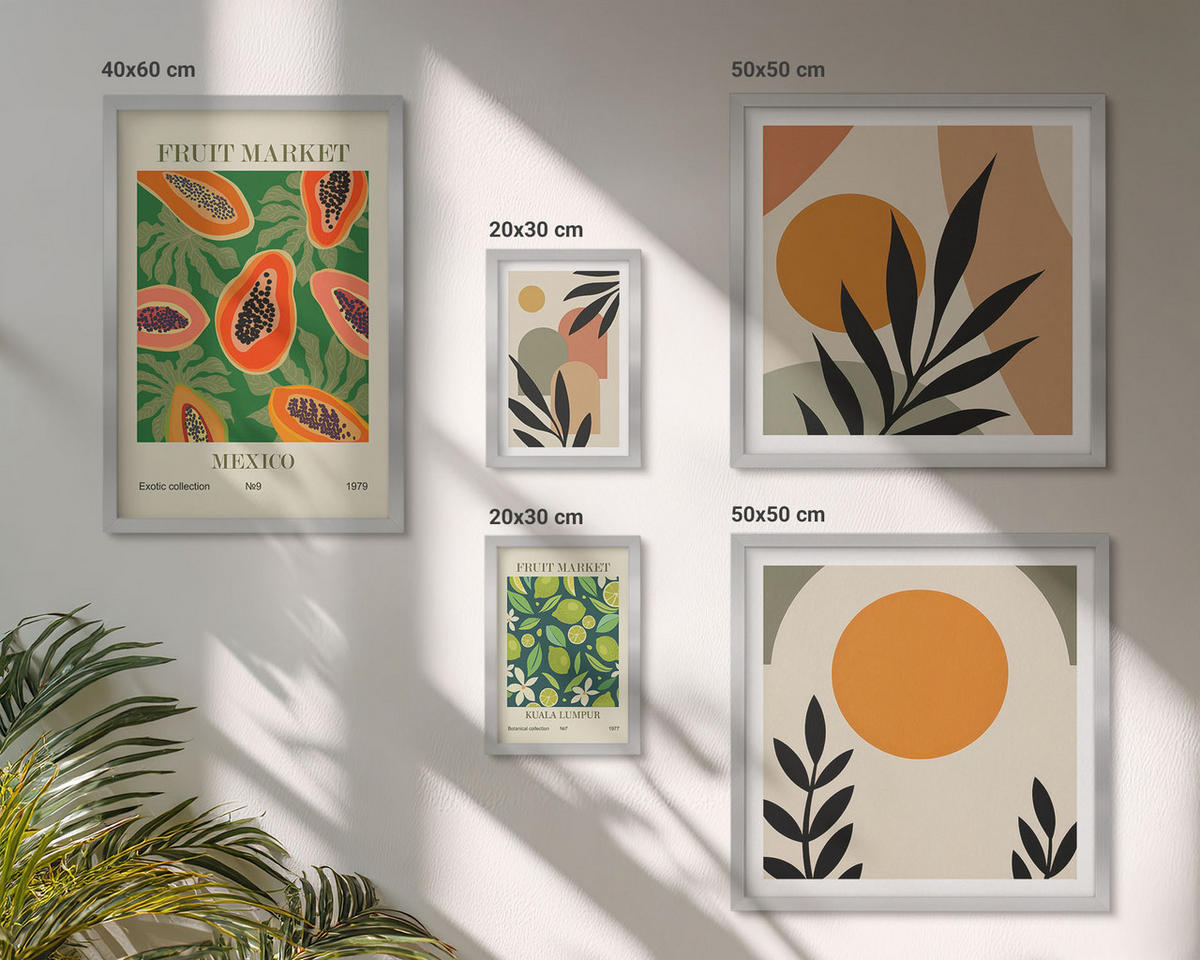 BILDER SET 5er Set - 50x50 cm & 20x30 cm & 40x60 cm Silberner Rahmen - Fruchtmuster der italienischen Kultur - Silberfarben, Kunststoff (40/60cm) - TULUP