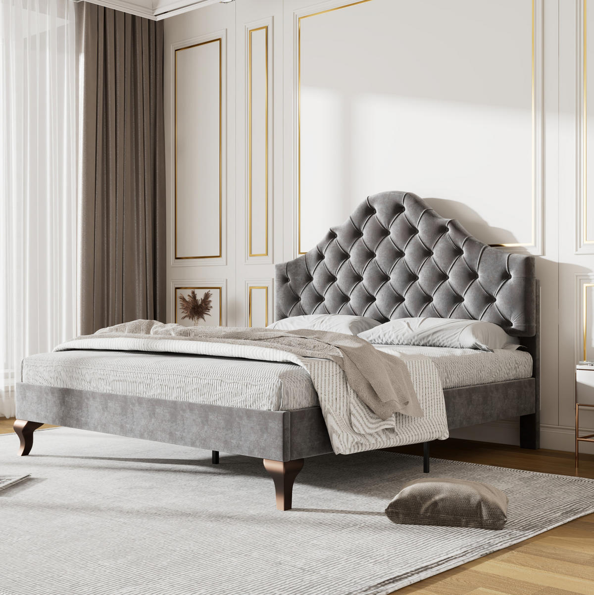 SAMT-POLSTERBETT 140/200 cm in Grau mit gepolstertem Kopfteil und Lattenrost - Grau, Textil (140/200cm) - BEAOK