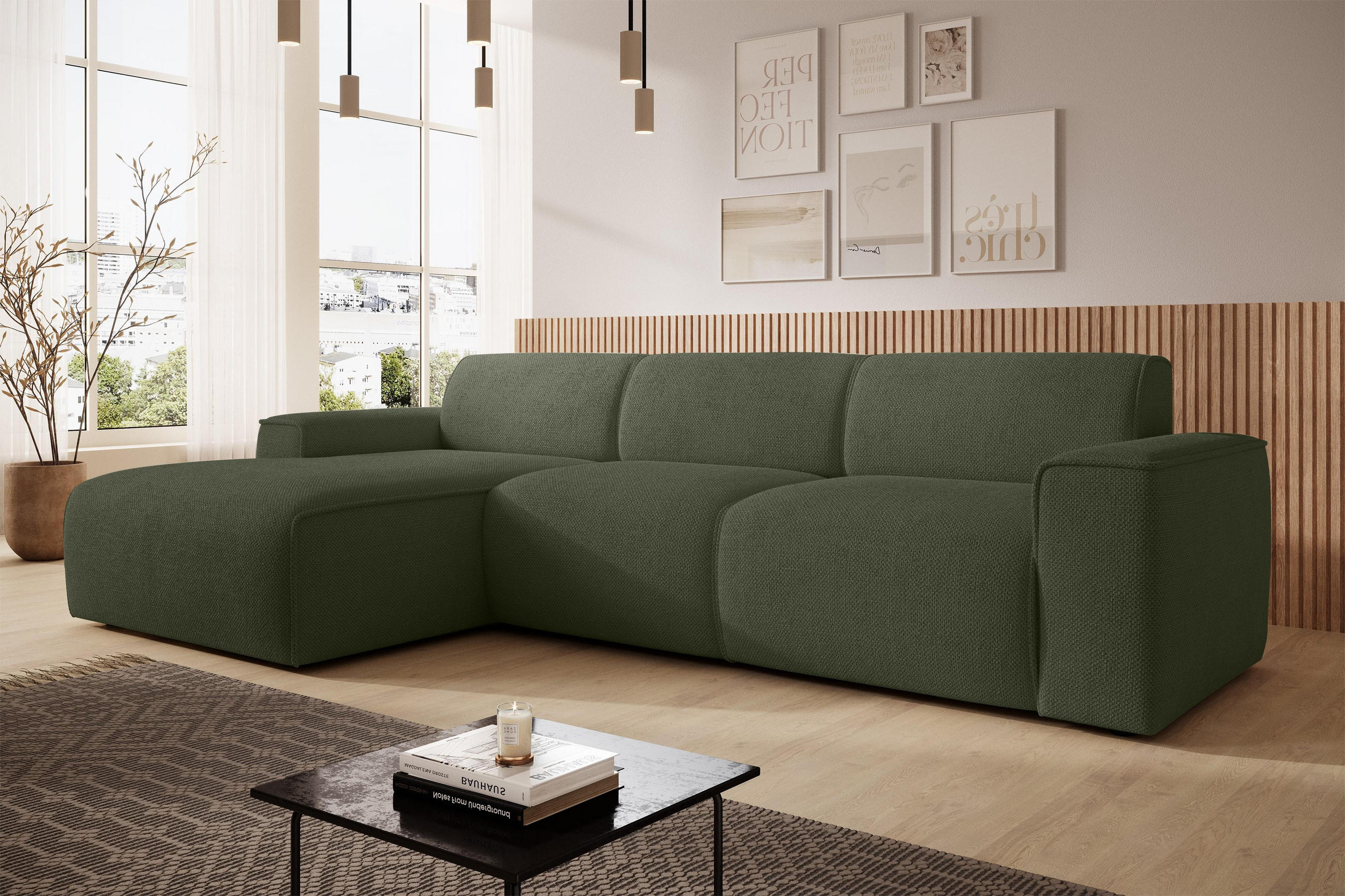 ECKSOFA L Form Didim mini Grün 310/165/78 cm – stilvolle kleine Eckcouch L - Schwarz/Grün, Kunststoff/Textil (165/310cm) - AX Living