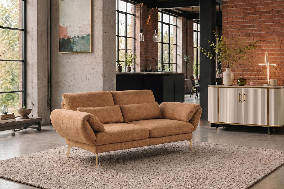 SOFA HOLLY Braun Flachgewebe - Dunkelbraun/Braun, Textil/Metall (176/90/92cm) - KAWOLA