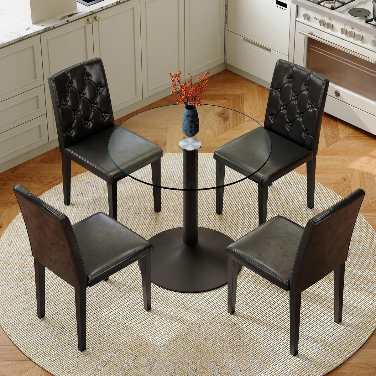 ESSGRUPPE DE-39482 5-teilig, Glastisch und 4 PU-Stühlen mit Knopfverzierung Schwarz - Schwarz, Metall (85/75/85cm) - ComfortXL